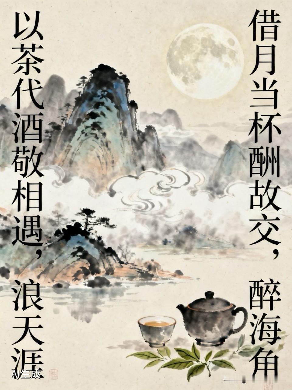 上联：以茶代酒敬相遇，浪天涯
下联：借月当杯酬故交，醉海角