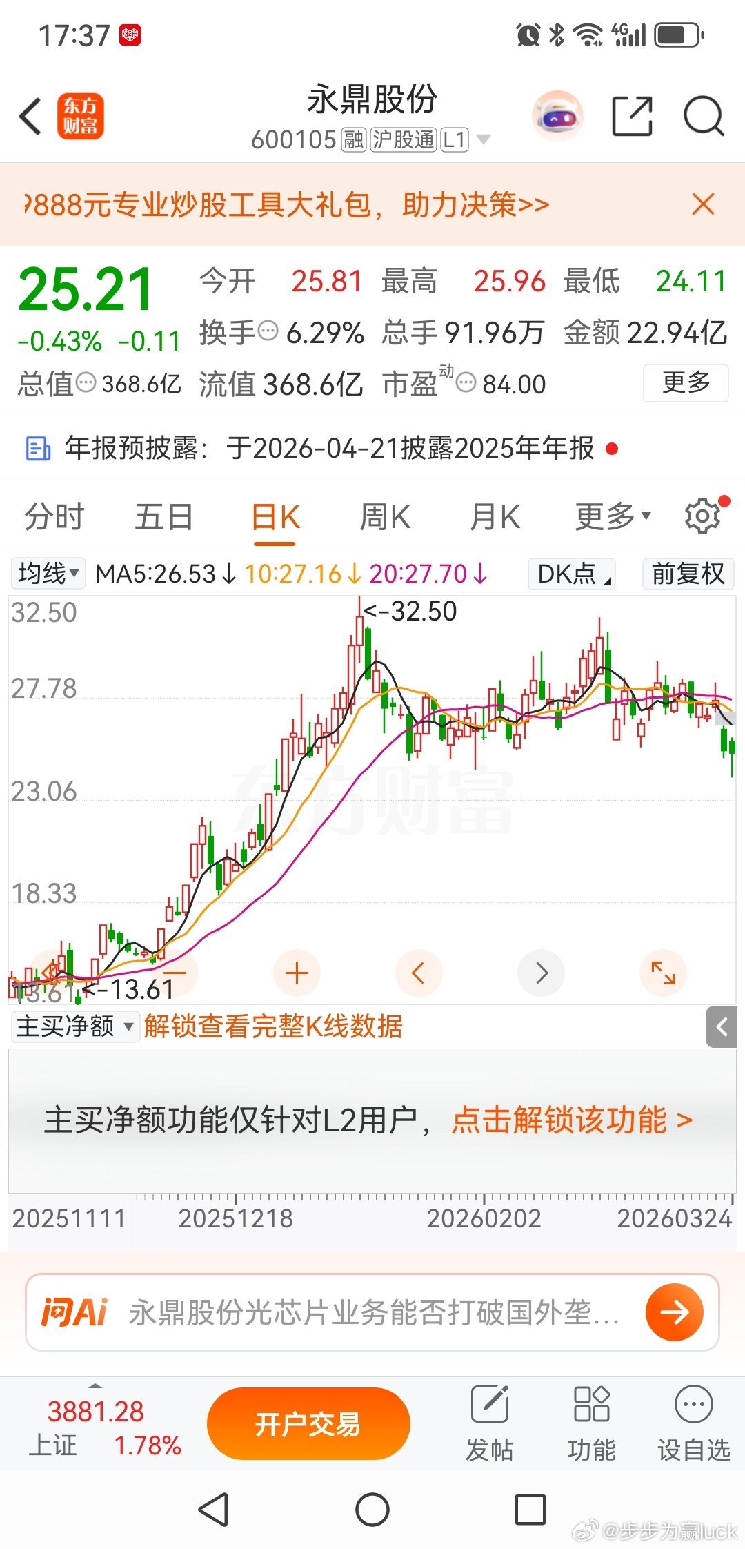 永鼎股份，今天有位群友问我，26.1元买的，这个票还能继续持有吗？其实，这个问题