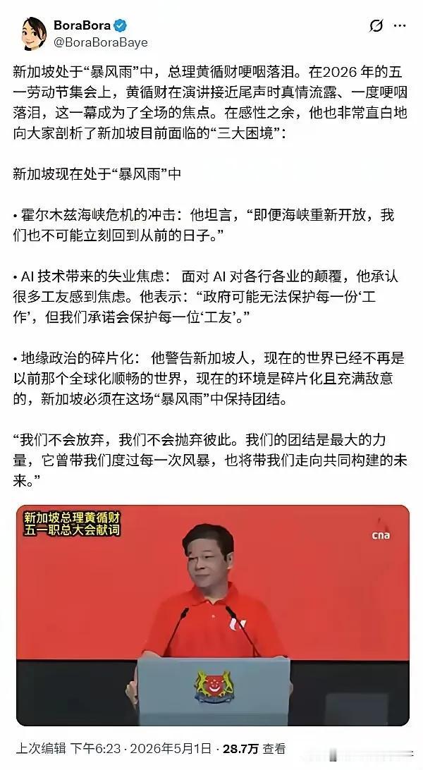称新加坡处于“暴风雨”中，新加坡总理黄循财哭了。霍尔姆斯海峡危机的冲击让新加坡看