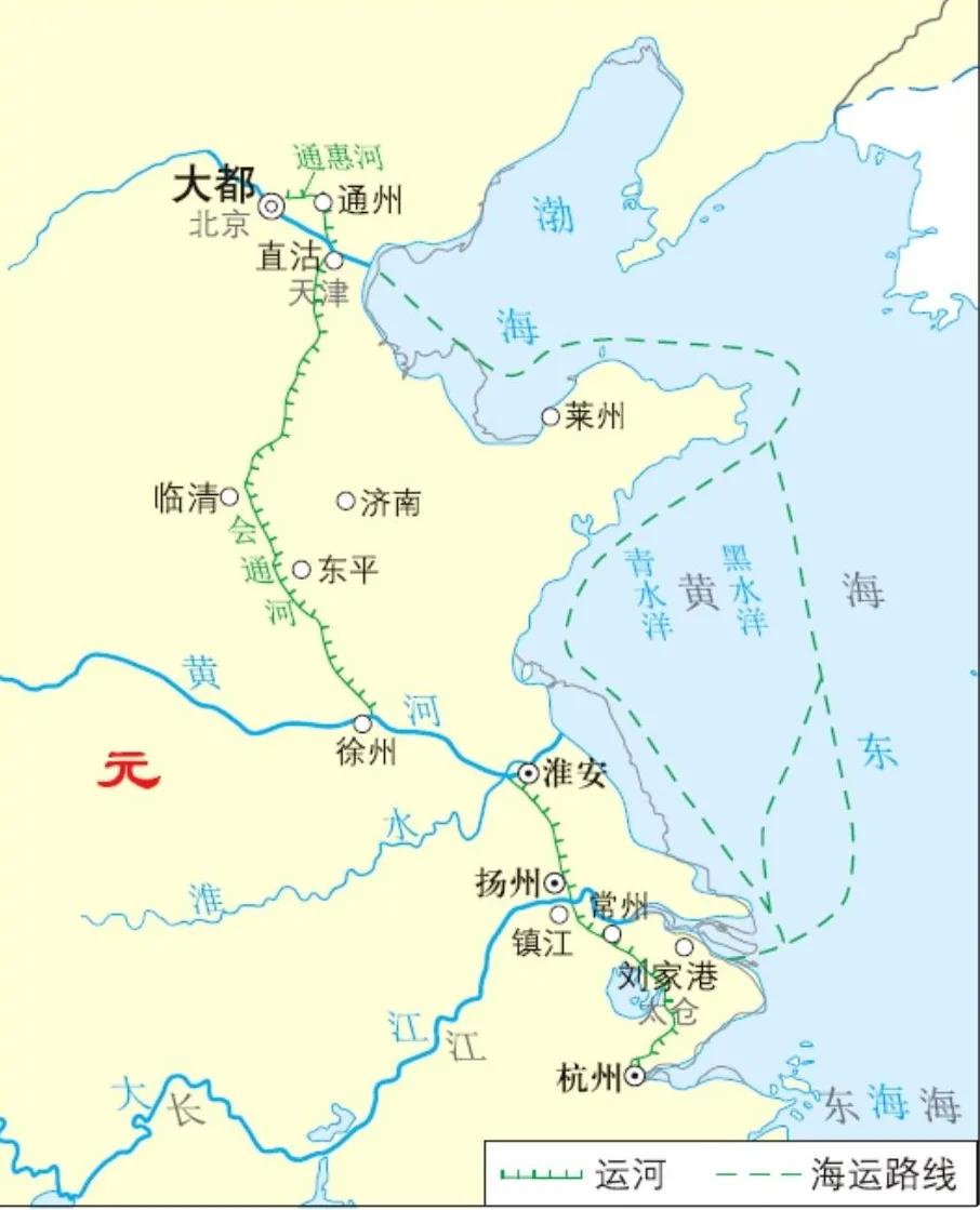 宋元时期，运河不通，南北运输走海路：从杭州、镇江出发，越山东半岛到天津，再走水路