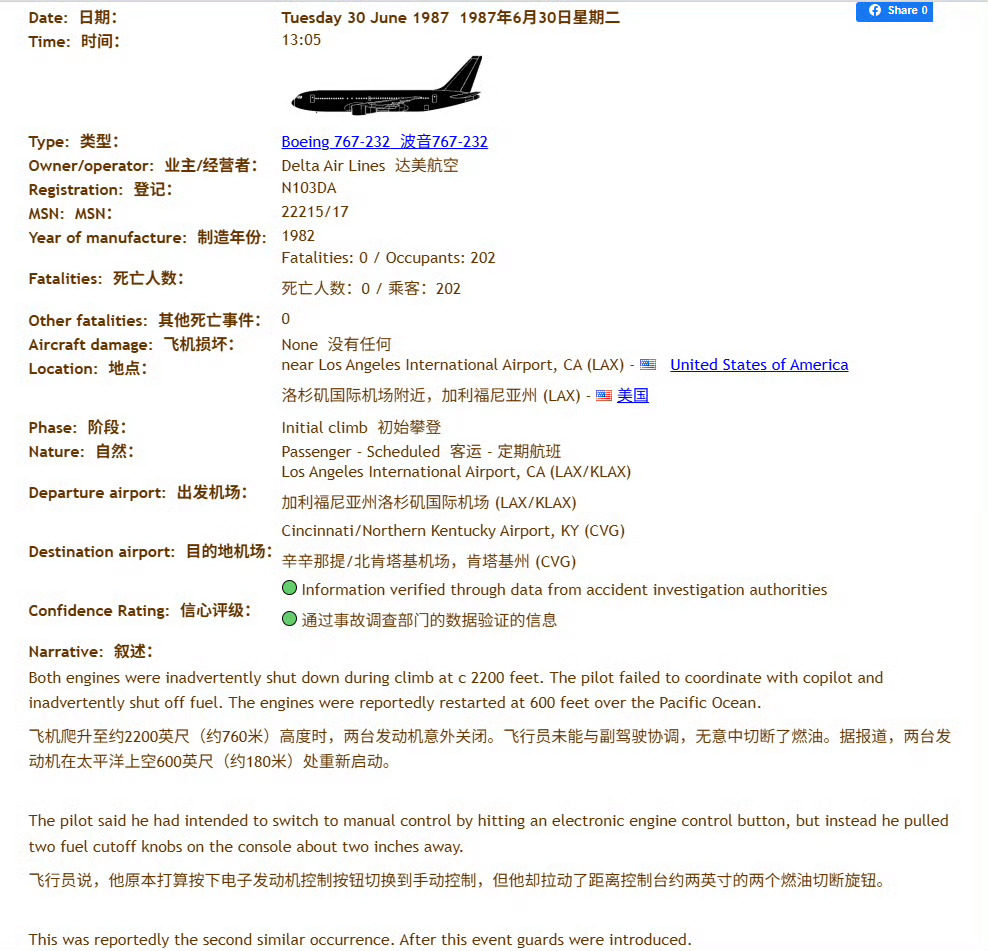 🔻说不可能意外关闭燃油开关的其实不对。🔻现实中啥都有可能发生，1987年6月
