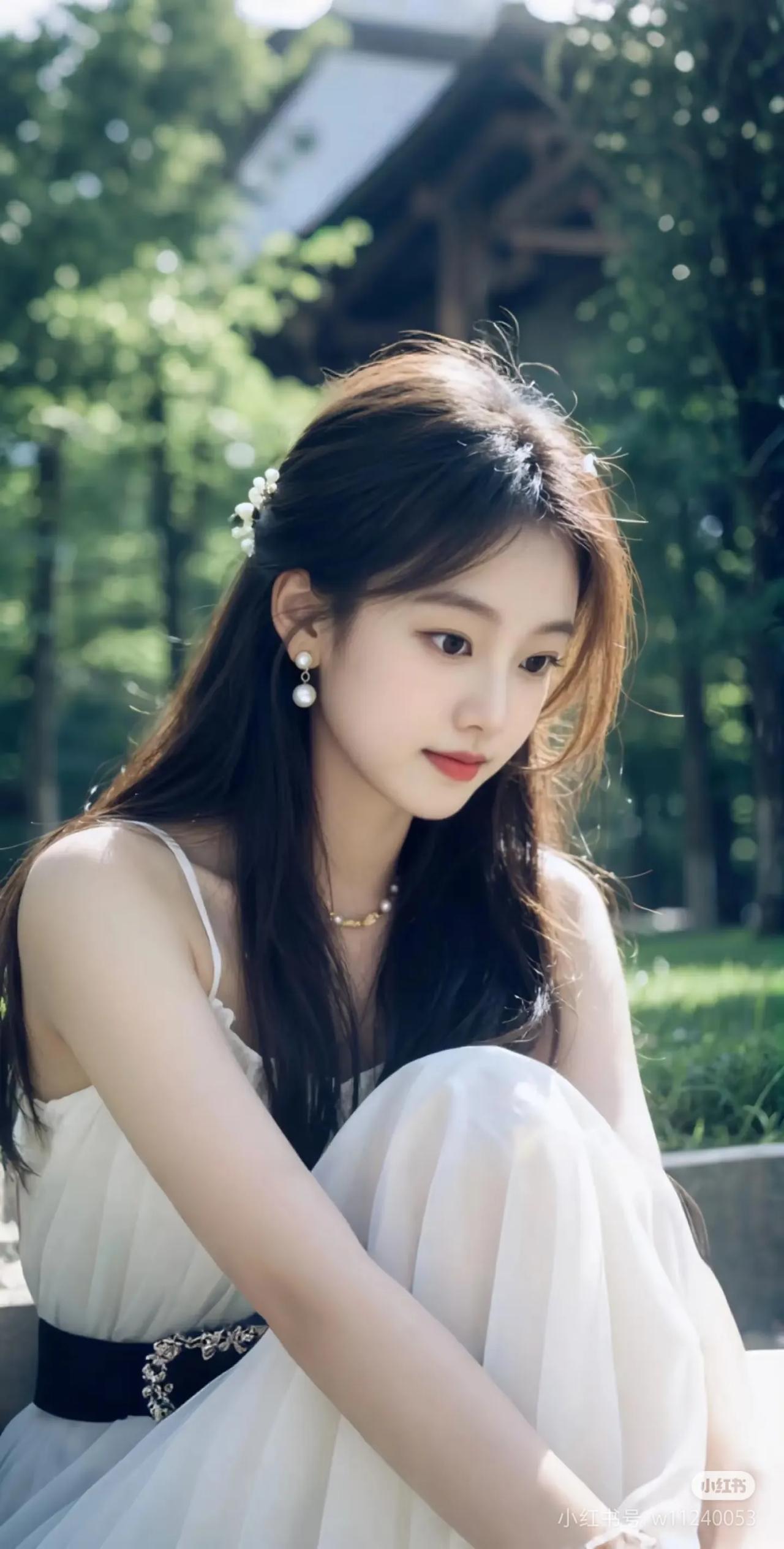 夏日午后，静谧花园中的少女，白色连衣裙与自然绿意相映成趣。街拍 高清美女