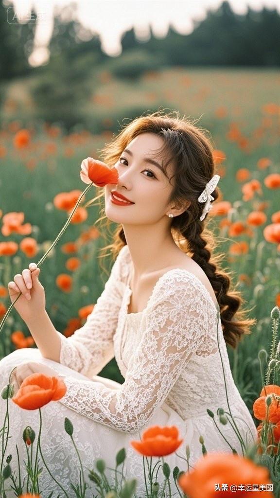 一个女孩在花丛中微笑。