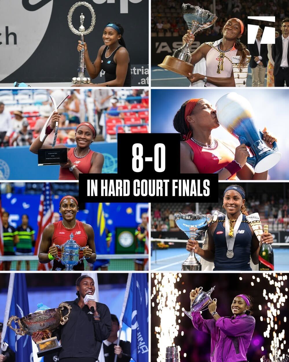 不知不觉，20岁的高芙在硬地决赛战绩来到完美的8胜0负，其中包括1000赛、总决