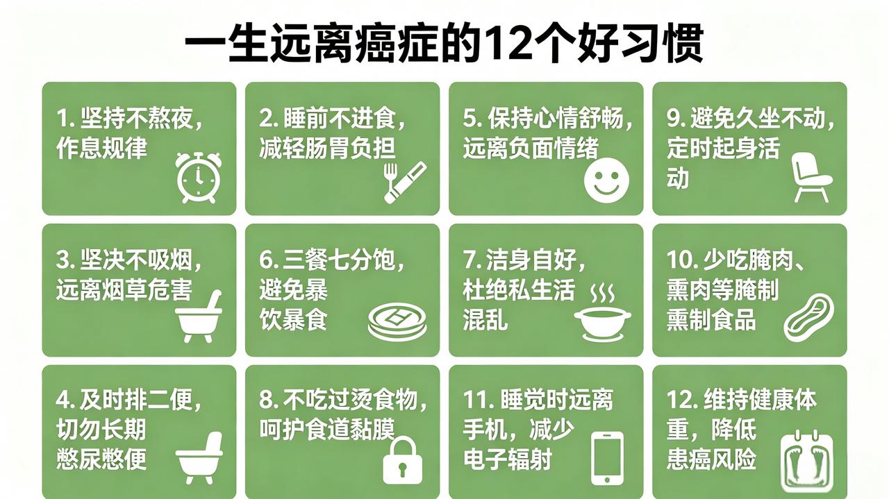 一生远离癌症的12个好习惯
 
1. 坚持不熬夜，作息规律！

2. 睡前不进食