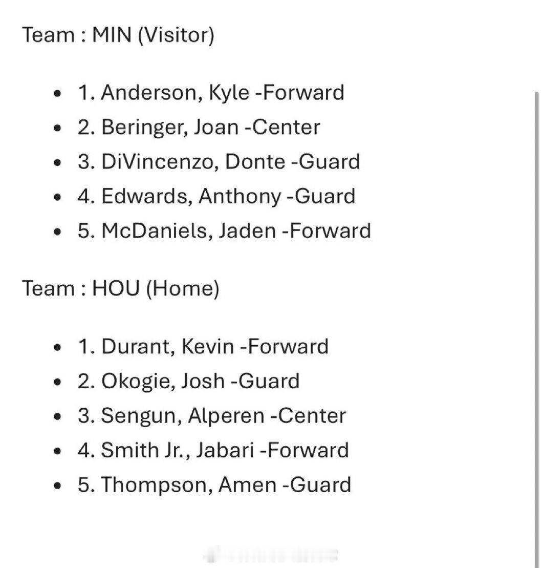 华子今天出战，森林狼首发：迪文琴佐、华子、麦丹、李凯尔、贝兰热森林狼vs火箭休斯