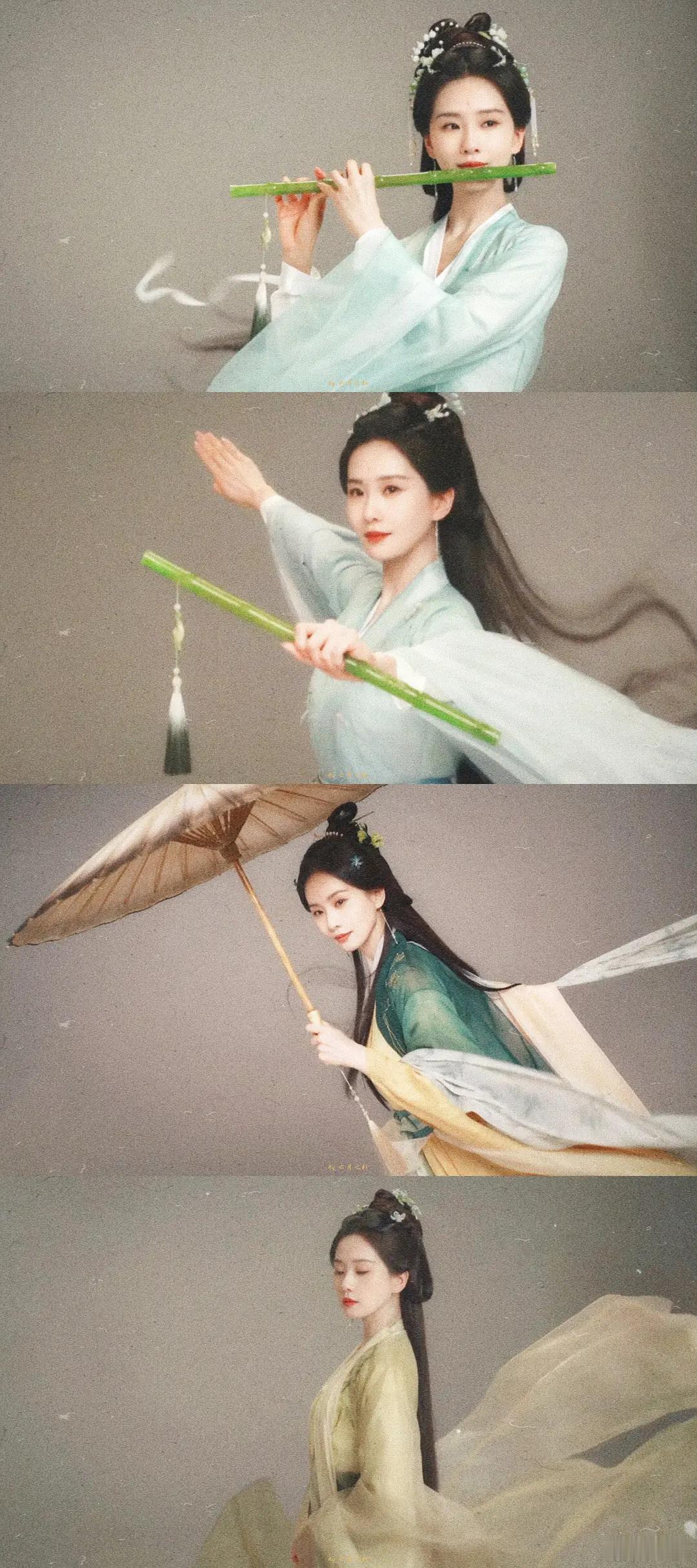 刘诗诗仪态刘诗诗饰演的东方淮竹，自水墨画卷中翩跹而出，手持竹笛信步竹亭时，举手投