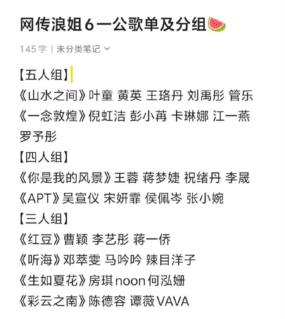 浪姐6一公分组 近日，网传了一份 乘风2025  一公歌单及分组。这样的分组，有