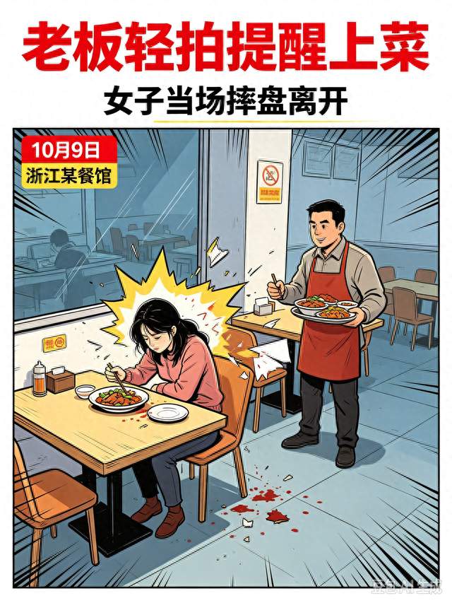 老板轻拍客人提醒上菜，女子当场摔盘离开