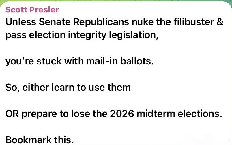 斯科特·普雷斯勒（Scott Presler）给出这个忠告：除非参议院共和党废除