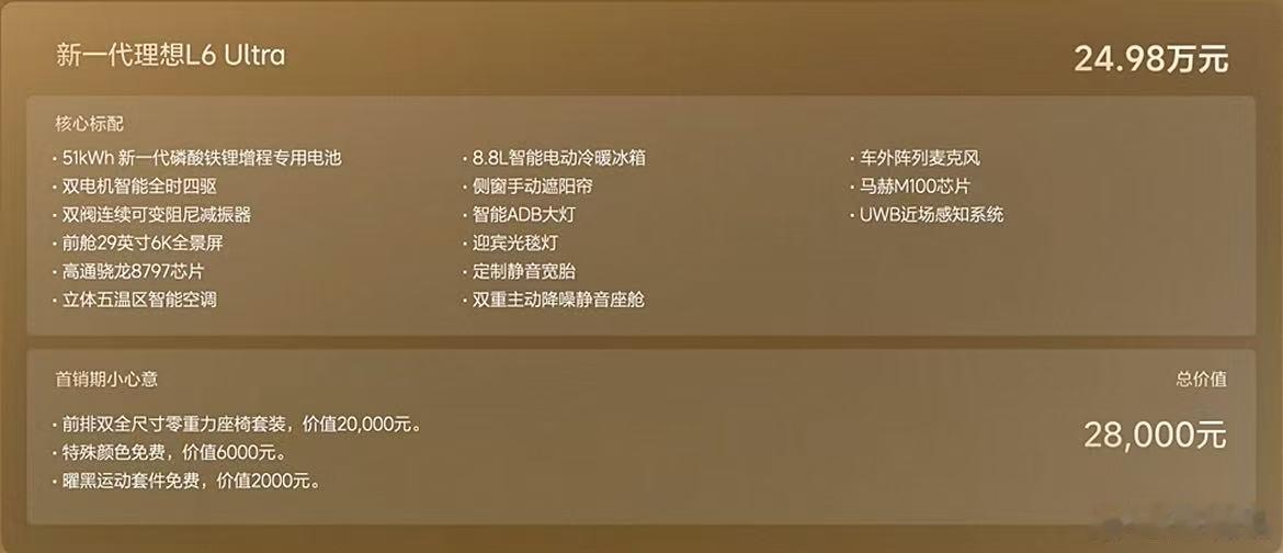 新一代理想L6 Ultra价格公布，和老款L6 Pro同价24.98万元，但是新