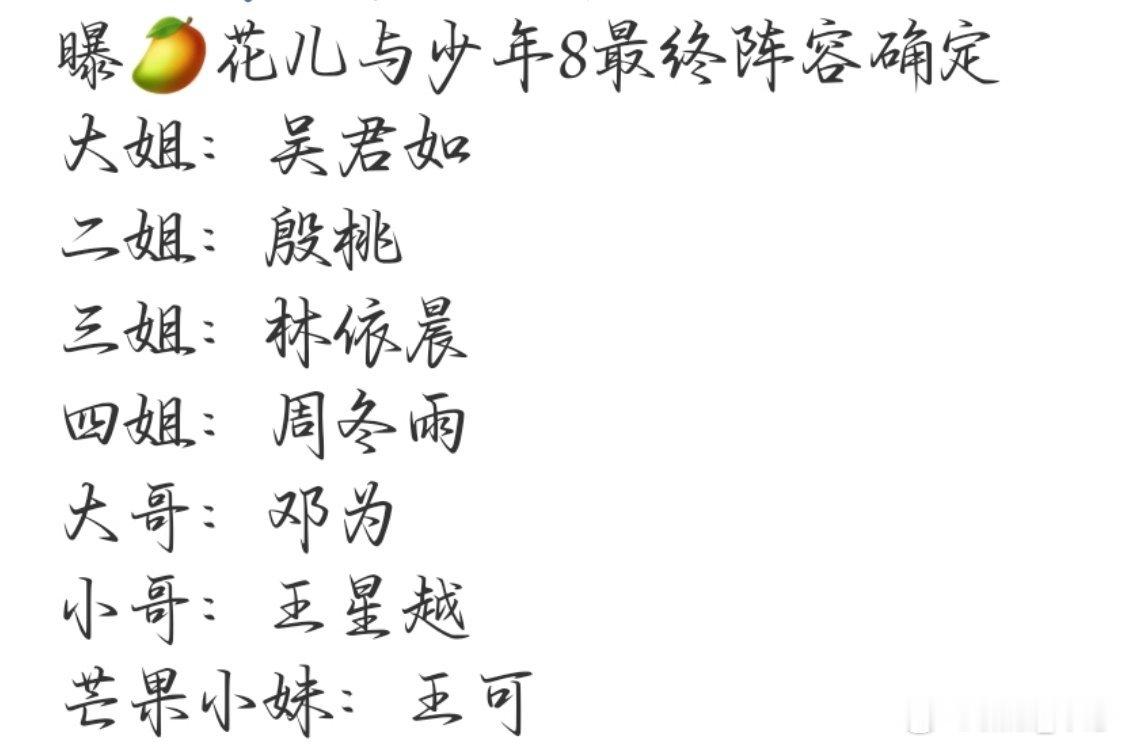 曝花少8阵容已确定终于定下来了，最喜欢林依晨，好久不见，甚是想念