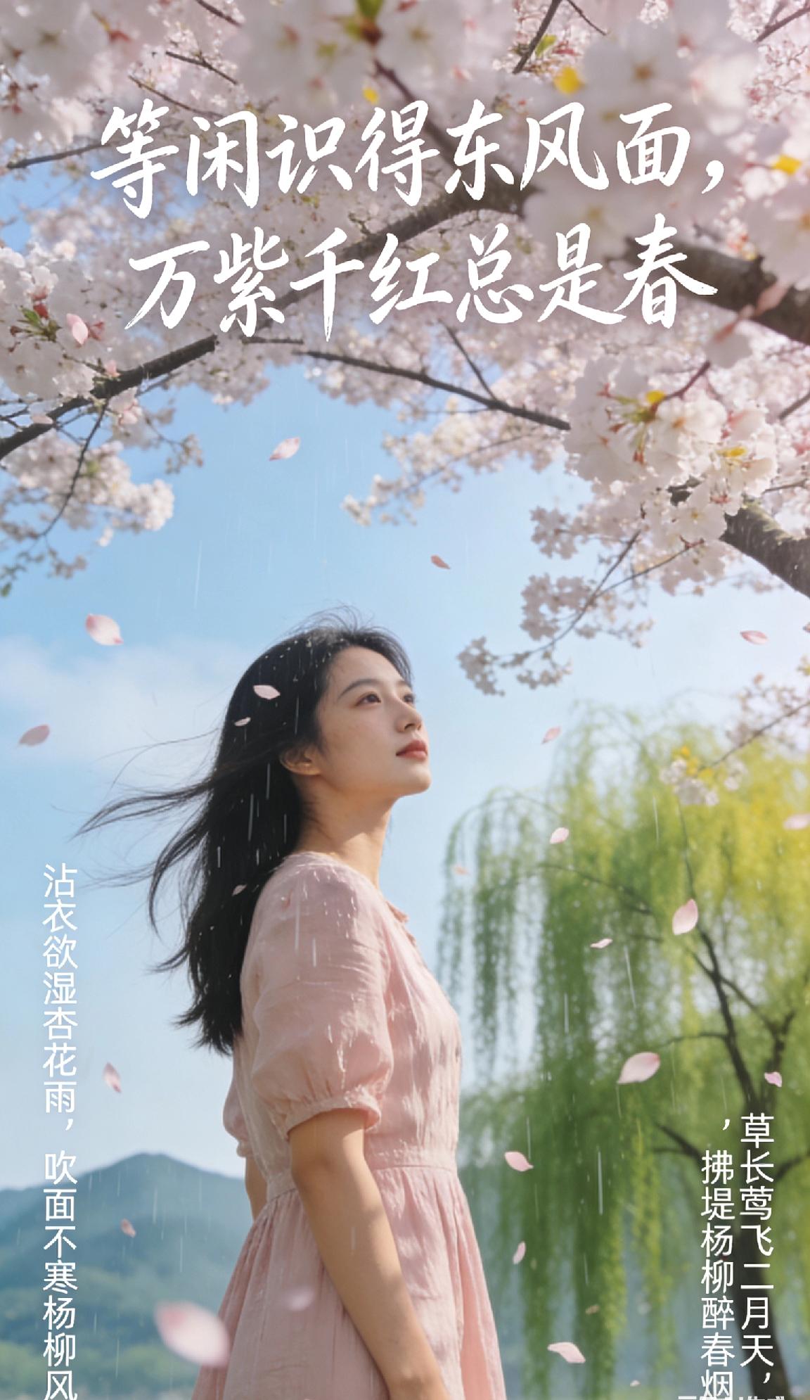 等闲识得东风面，万紫千红总是春。
沾衣欲湿杏花雨，吹面不寒杨柳风。
碧玉妆成一树