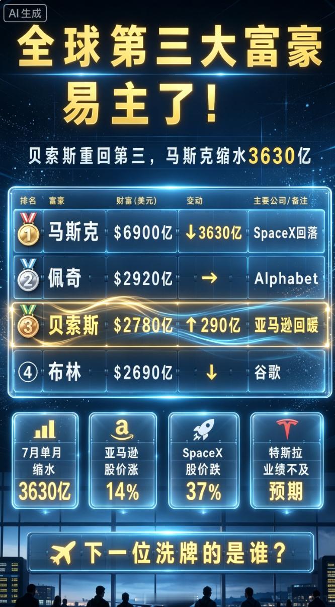 全球第三大富豪易主  贝索斯凭亚马逊云业务业绩暴涨，身家飙升至2780亿美元，取