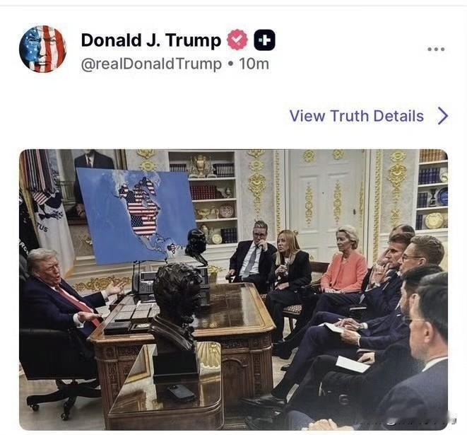 特朗普发布了一张图片，将加拿大和格陵兰岛描绘成美国的一部分。