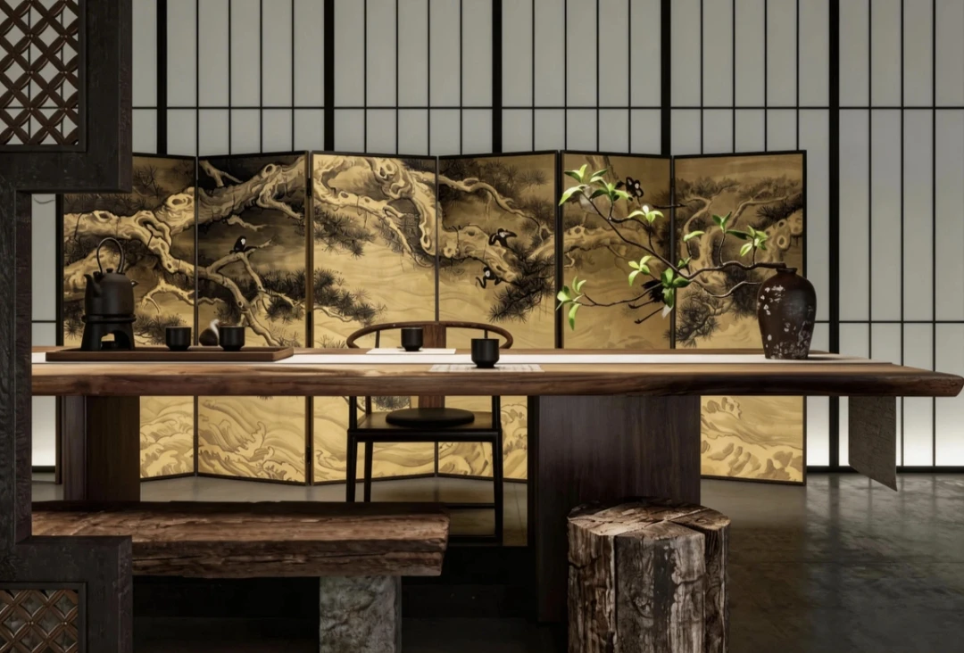 把宋画搬进茶室✨这扇金底松鹤漆画屏