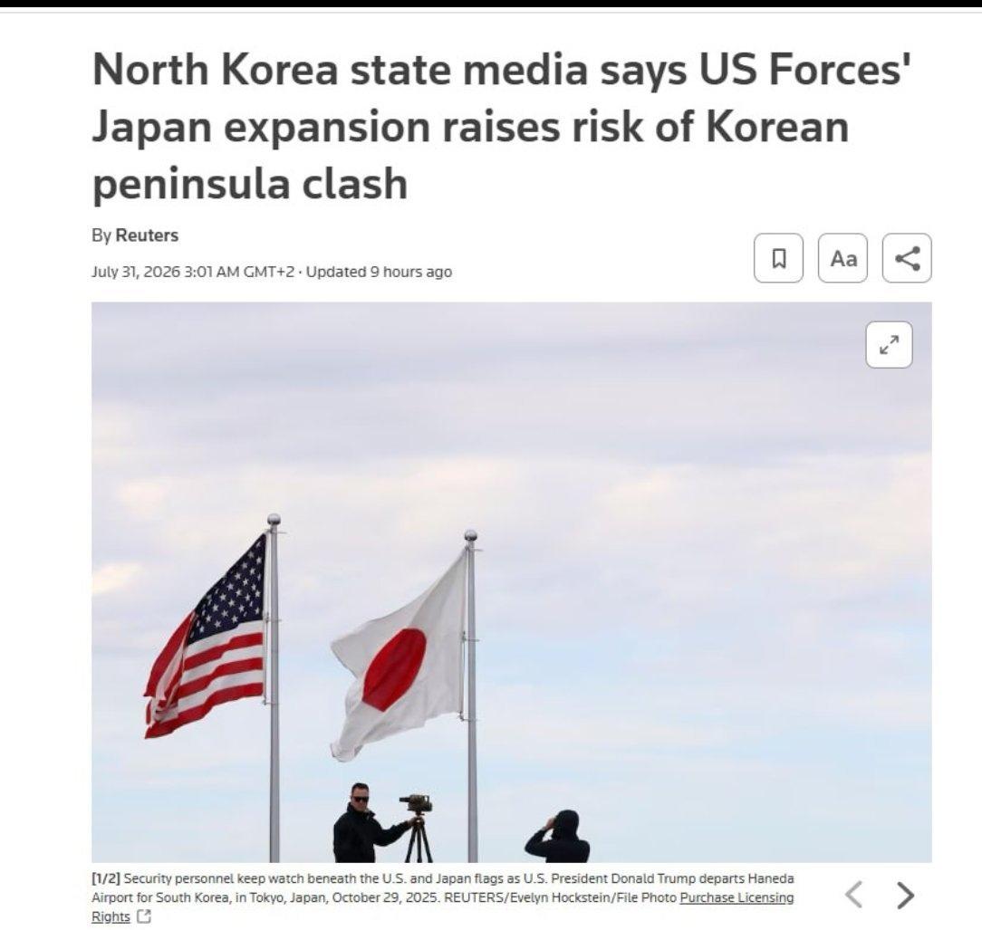 据路透社报道，朝中社批评美国在日本扩大军事部署，警告称朝鲜半岛发生军事冲突如今已