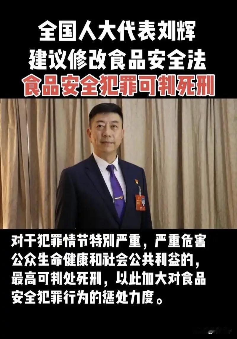 人大代表刘辉提议食品安全犯罪可判死刑 ，九成家长支持严惩重罚！

人大代表刘辉最