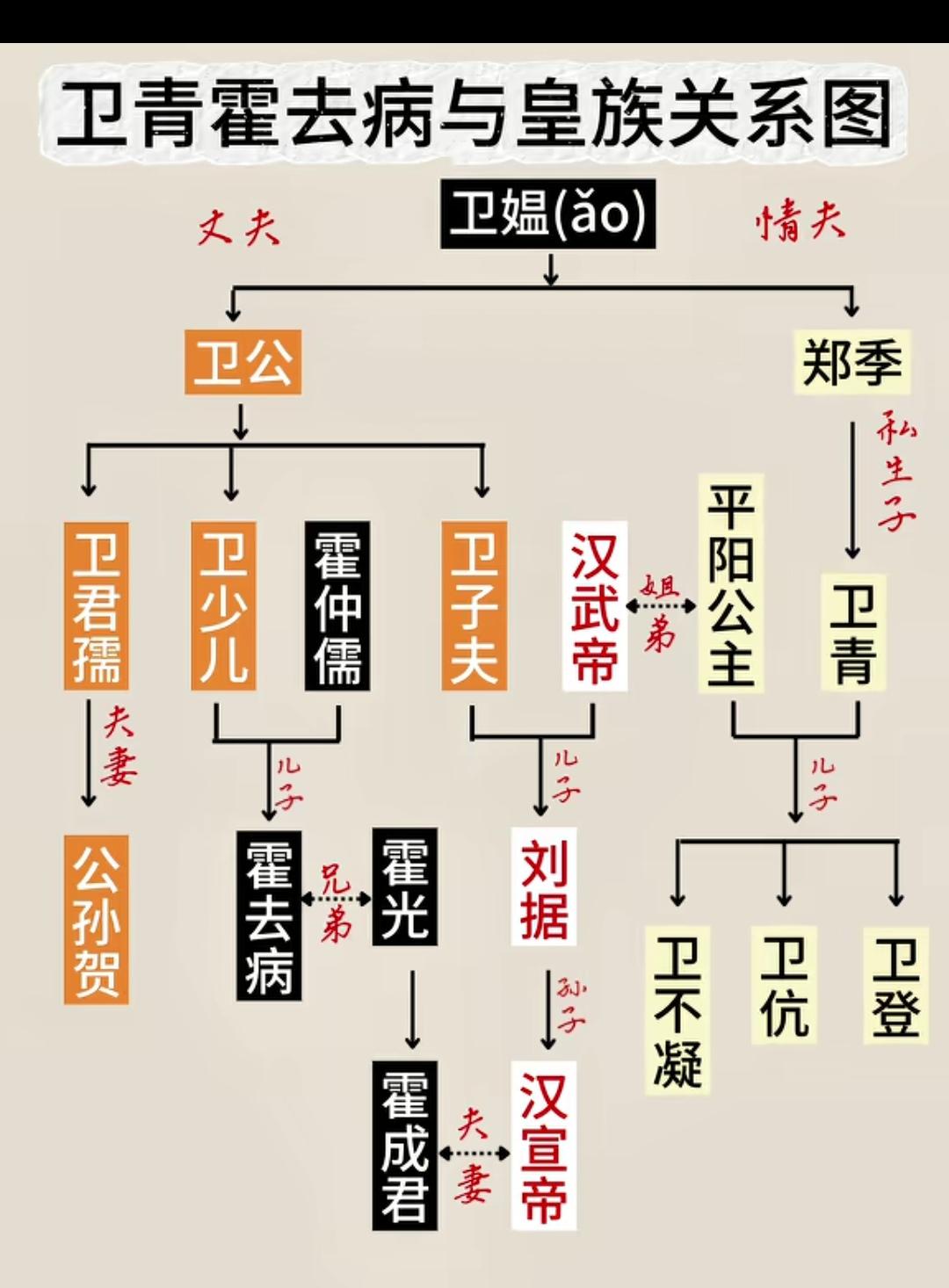 卫青、霍去病的关系竟然这么乱！
  依据《史记·卫将军骠骑列传》，卫青、卫子夫同