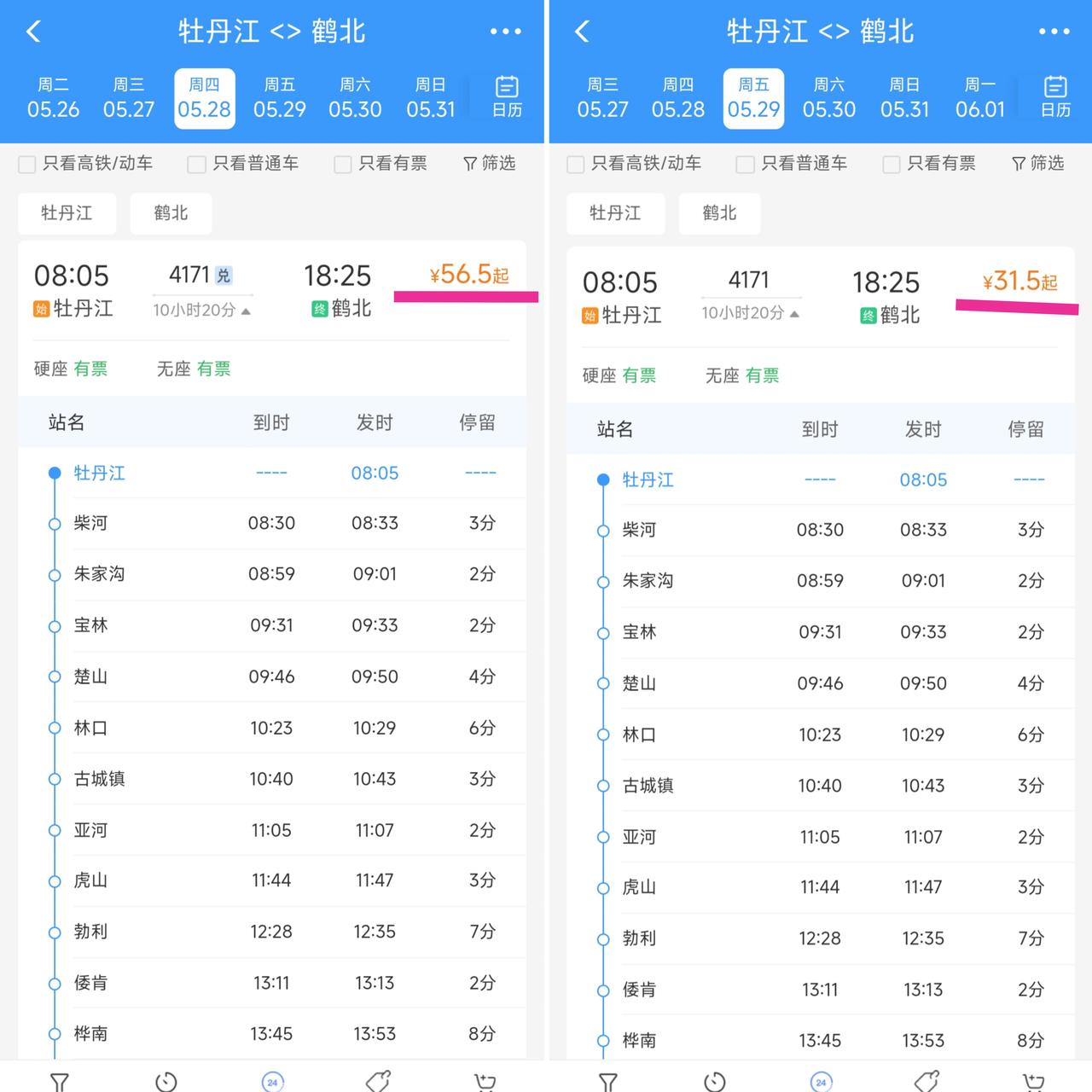 还是要提前祝贺牡丹江、佳木斯、鹤岗。从5月29日起牡丹江到鹤北的4171次绿皮车