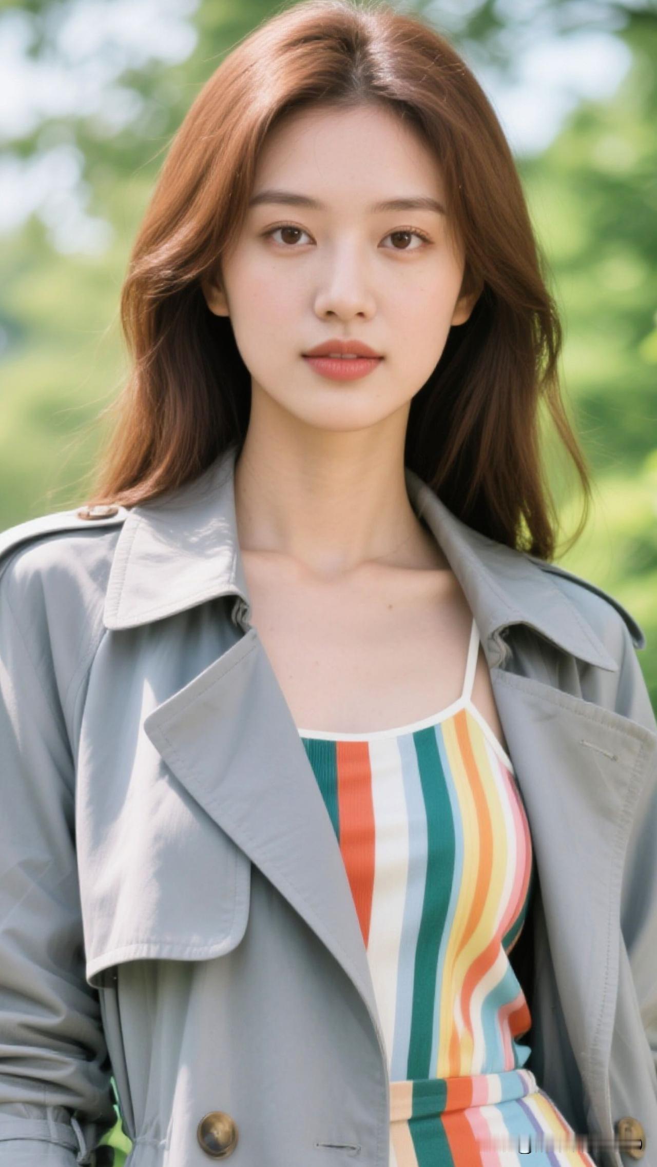 🍃 春林为幕，风衣是裁下的云，彩纹是揉碎的虹，她站在那里，就成了浪漫本身的具象