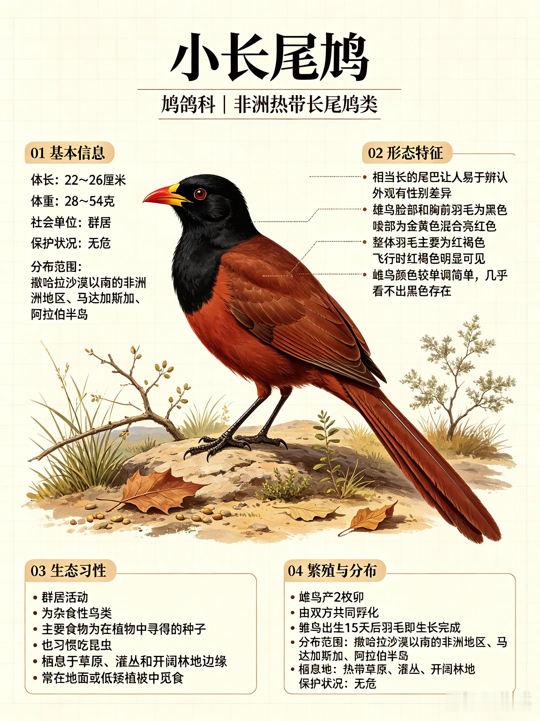 鸟类朋友图鉴 小长尾鸠体长：22~26 厘米体重：28~54 克社会单位：群居保
