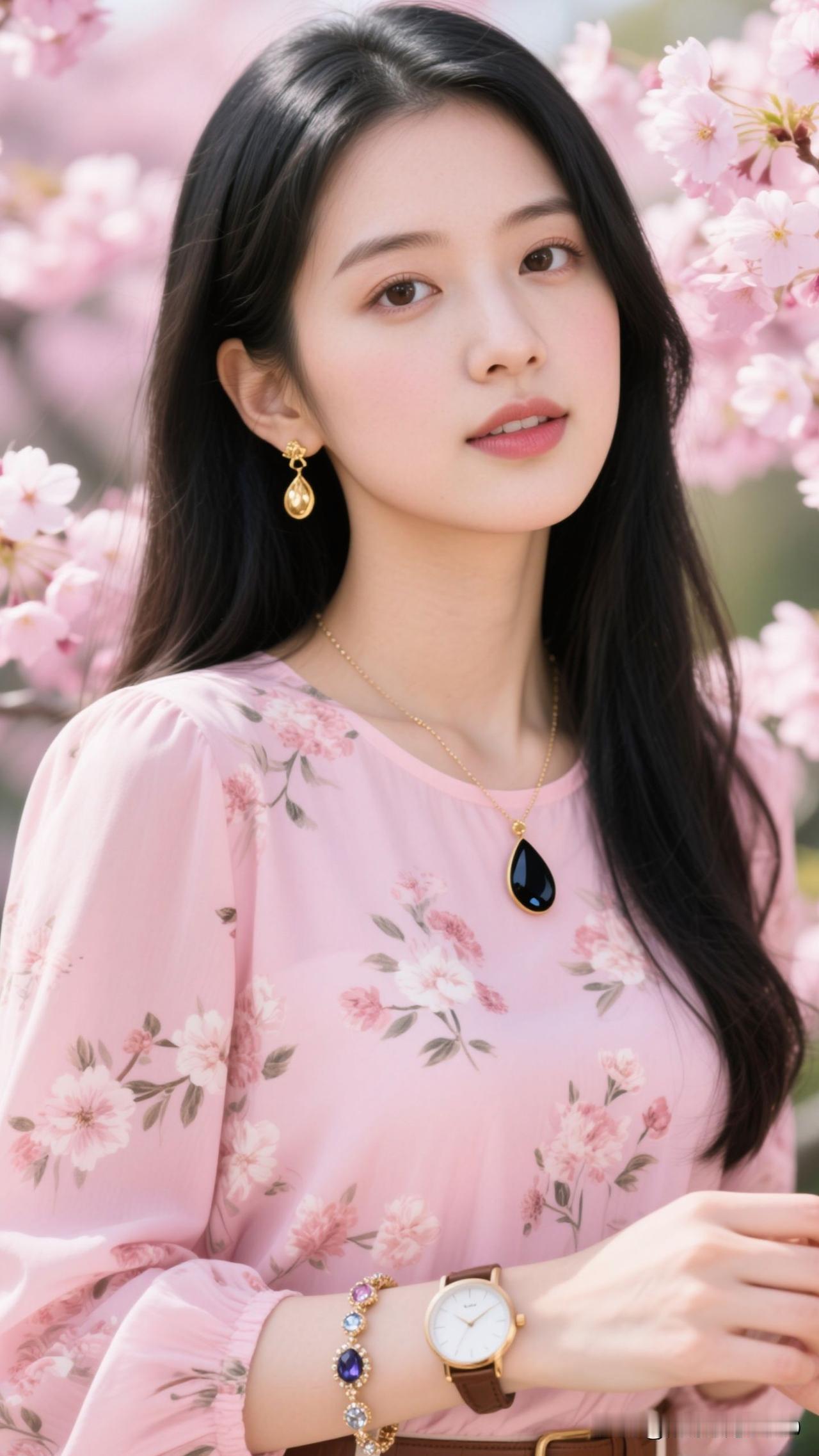 🌷 春樱为幕，粉衣是晕开的糖霜，金饰驮着温柔的梦，一笑便漾满整个季节的治愈。粉