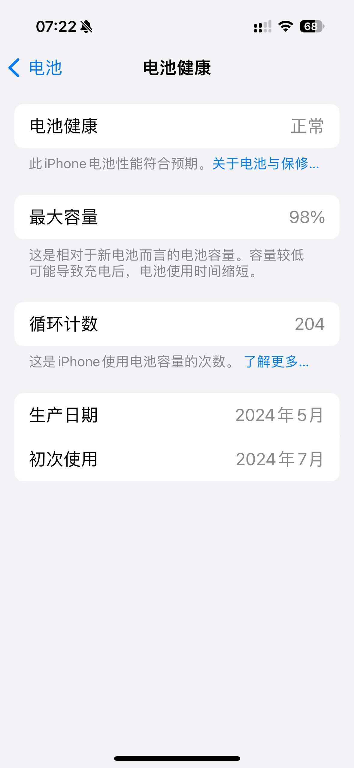 网友的iPhone15两天掉了2%，充电循环204次。 