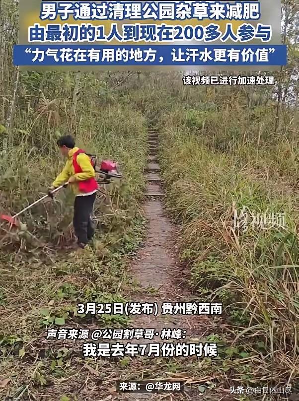 这名男子火了！贵州黔西南，一男子跑步减肥时发现公园里面杂草丛生，想着反正都要减肥