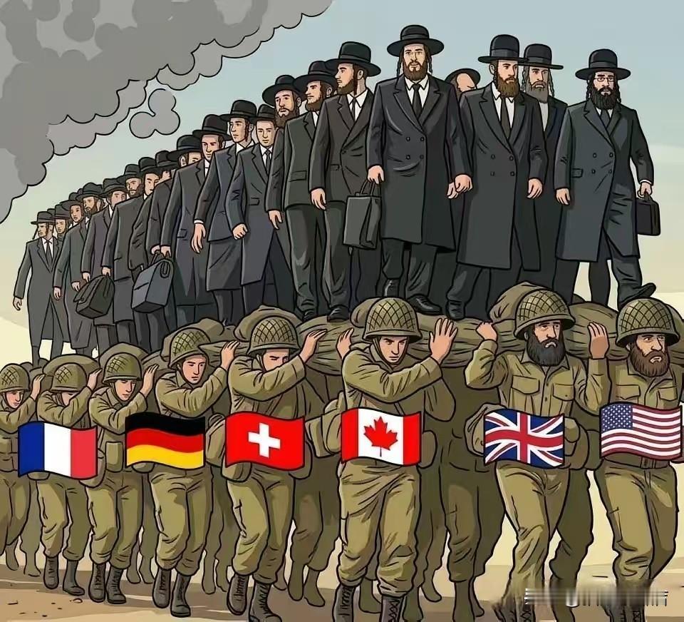 外国人真是什么都敢发，一幅漫画显示犹太人就站在加拿大，英国，美国，瑞典，德国，法