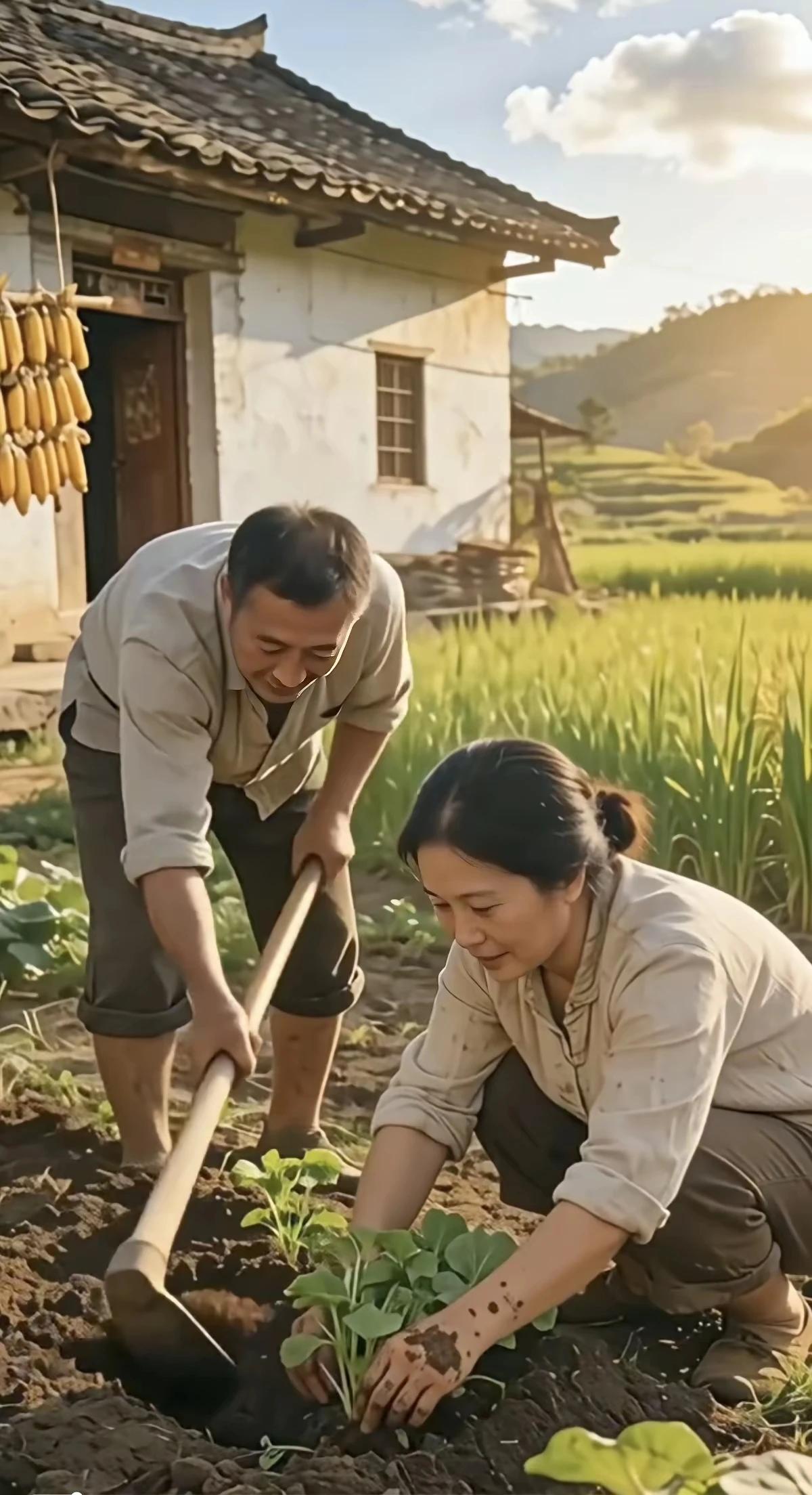夫妻二人在栽菜，
一人刨坑一人埋。
两人配合好默契，
春种秋收乐开怀。