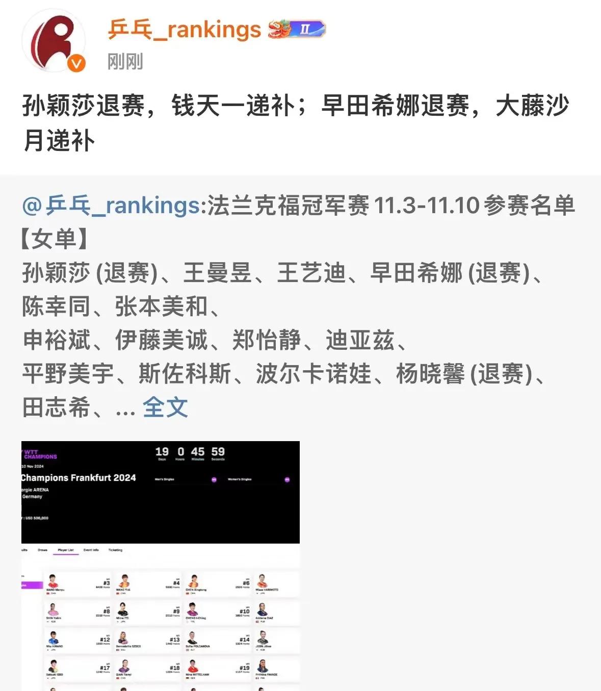 莎莎退了法国蒙彼利埃的的比赛，
有钱天一递补。
日本的早田希娜也退赛了。
休息一