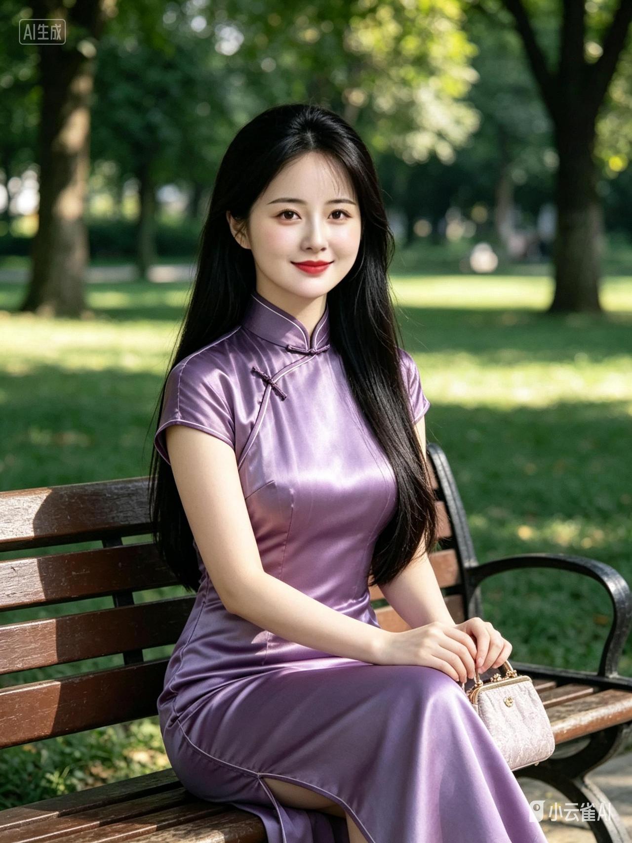  紫韵旗袍映林间，清风漫拂，尽显东方女子温婉风骨。
