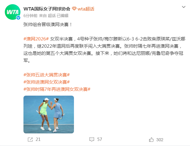 #张帅组合晋级决赛#【张帅/梅尔滕斯闯入澳网女双决赛】#张帅第5个大满贯女双决赛