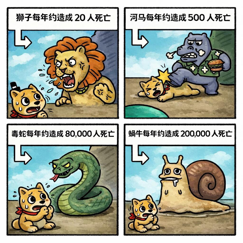 根据世界卫生组织研究，蜗牛身上挟带的血吸虫，每年会直接导致 2 万人死亡，如果算