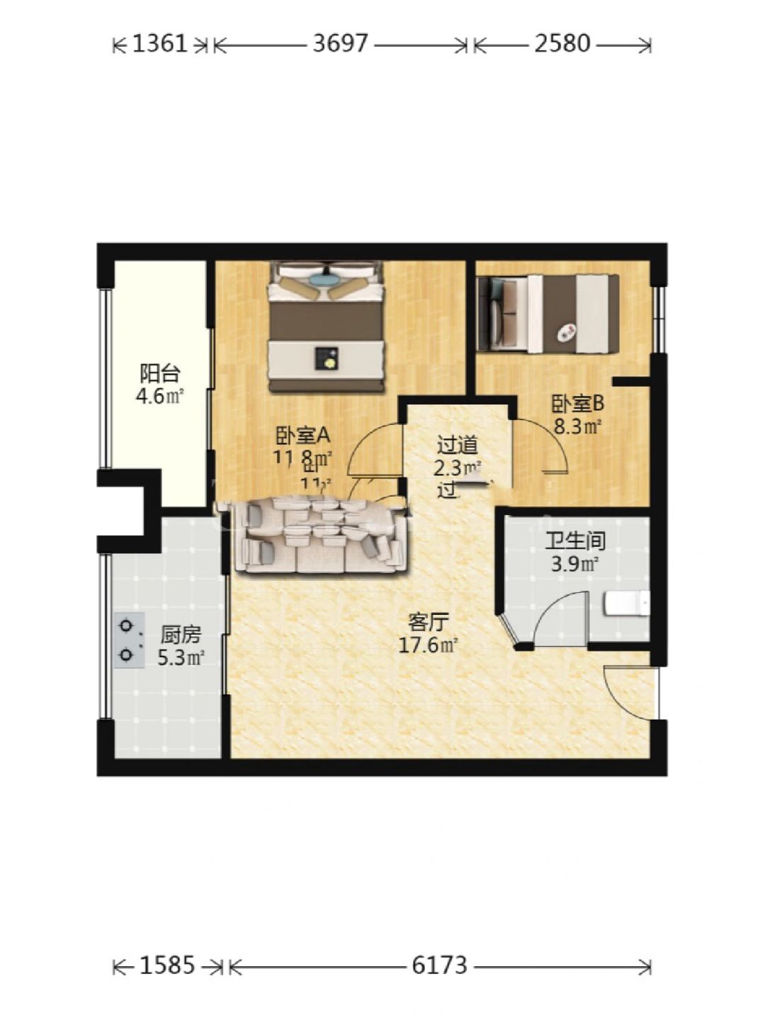 市区正规住宅三号线地铁口两室一厅58W