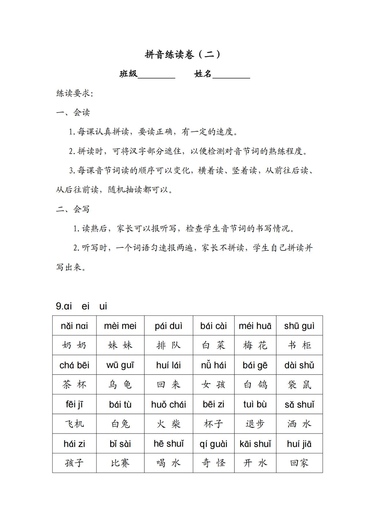 一年级汉语拼音“复韵母+前后鼻音”练读卷拼音贴，读写指导齐全了
大家好，我是家庭