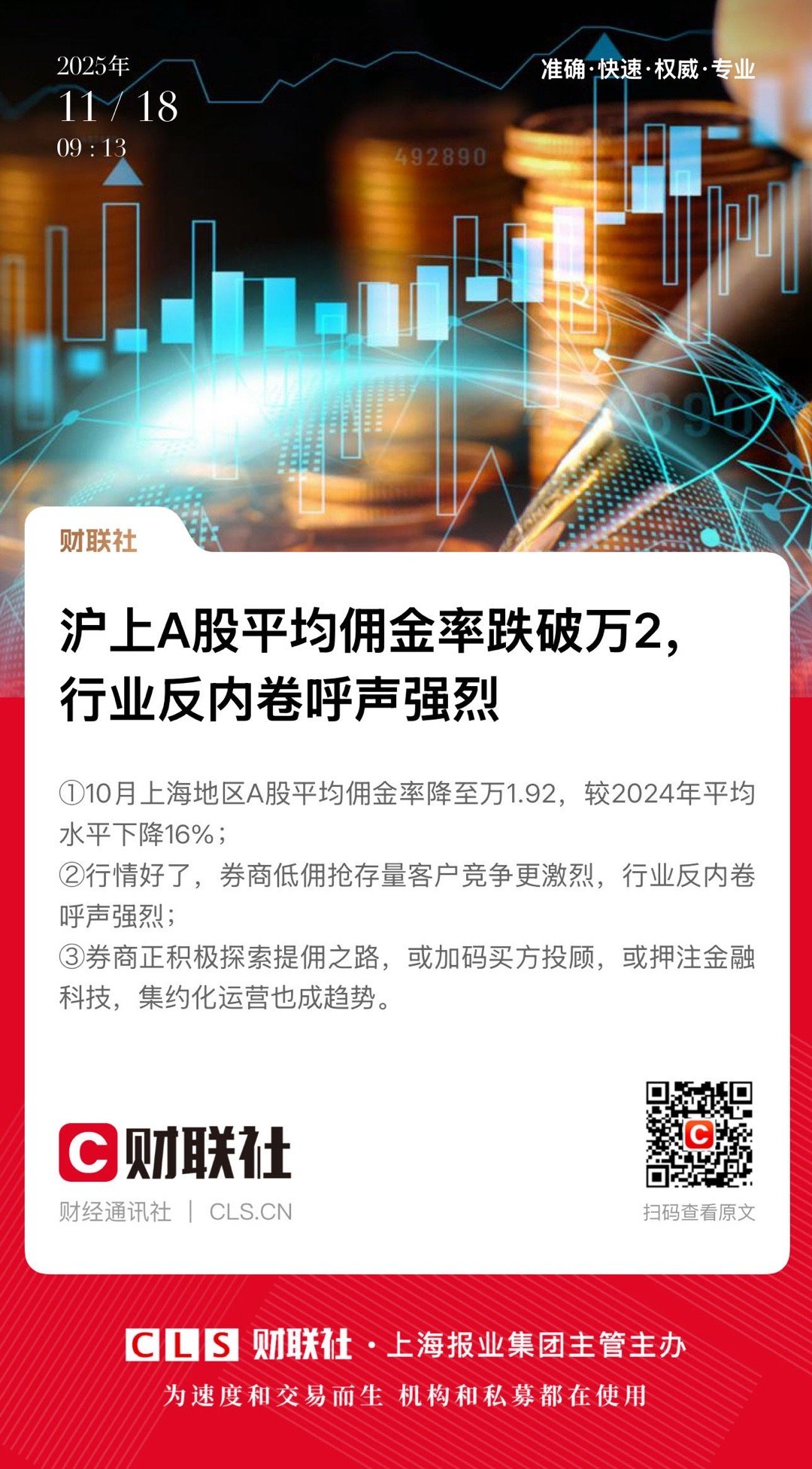 【沪上A股平均佣金率跌破万2，行业反内卷呼声强烈】　　（财联社  2025-11