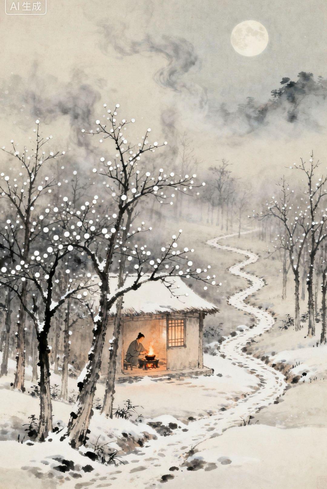 《天净沙·小雪》珠乡小女

寒烟淡锁平芜，
疏林浅缀琼珠，
小径人踪渐无。
围炉