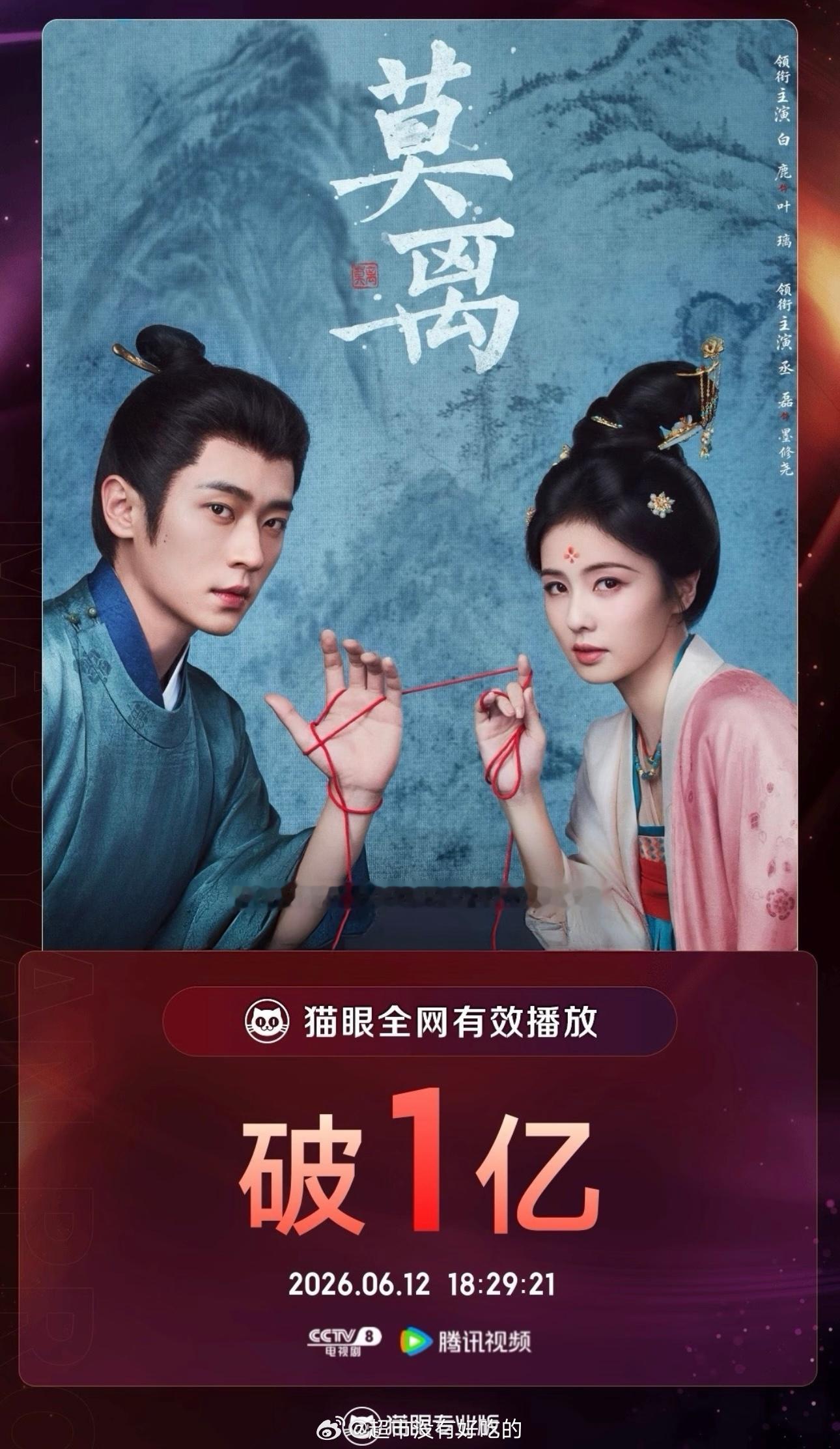 白鹿《莫离》猫眼全网有效播放量破1亿恭喜白鹿，恭喜莫离白鹿白鹿
