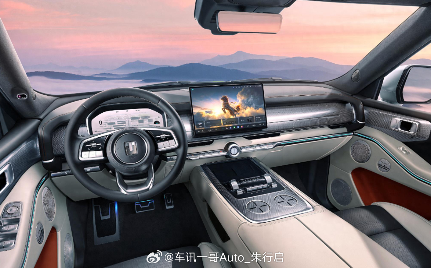 坦克700 Hi4-Z内饰官图正式发布。新车配备有悬浮式中控屏以及后排吸顶屏等配