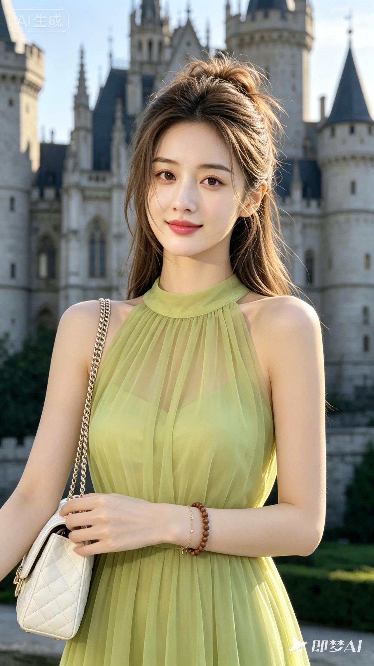 梦幻城堡前，浅绿色连衣裙少女，优雅迷人！👗🏰💖
