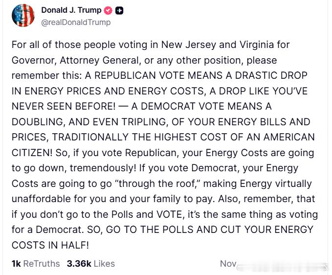 【黄金时代】续前文，川普背书第二弹：所有在新泽西州和弗吉尼亚州投票选举州长、总检