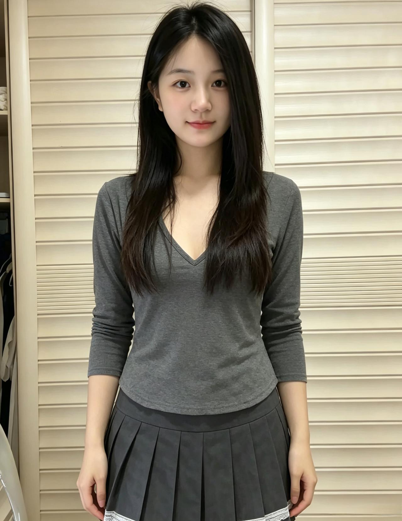 浅衫垂素影，眉黛淡如春。
静立闲庭里，清光落满身。