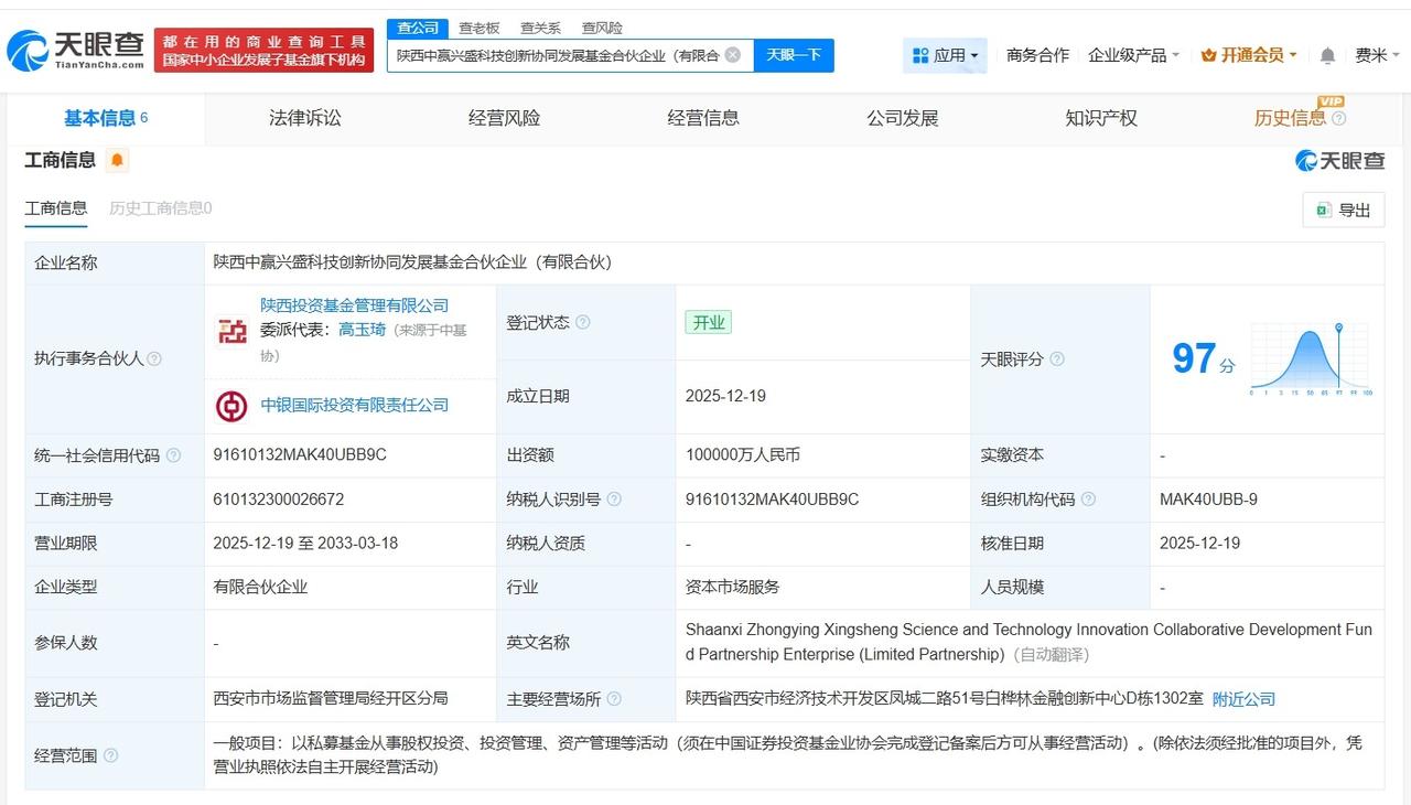 中银国际投资等在陕西成立科技创新协同发展基金出资额10亿
天眼查App显示，近日