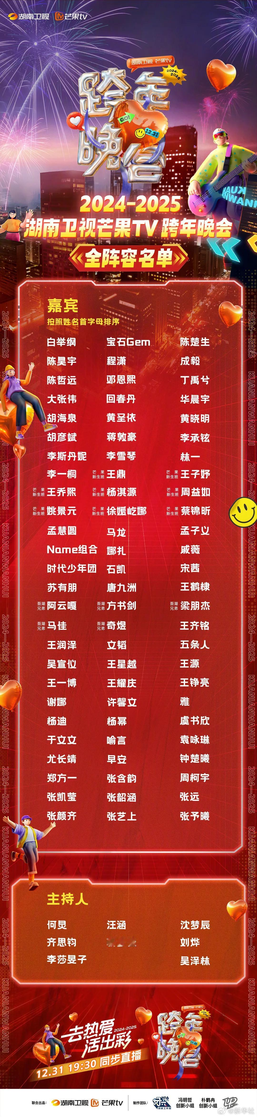 2024-2025湖南卫视芒果TV跨年晚会公布全阵容名单