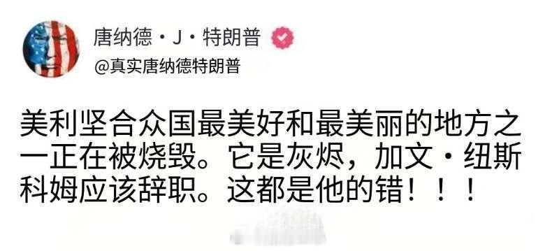 美国山火  特朗普要求加州州长就山火失控辞职  特朗普发表了一篇措辞严厉的帖文，