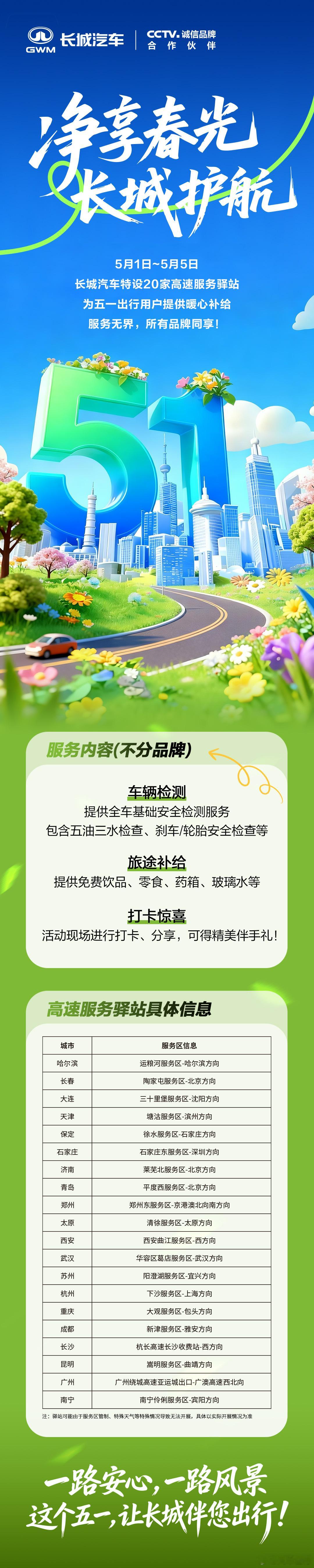 长城汽车五一护航计划正式启动！5月1日-5月5日，道路救援24h响应，高速驿站贴