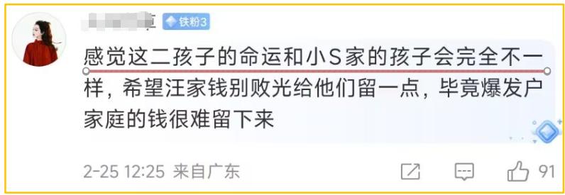 有人说大S的两个孩子命运会和小S家完全不一样，希望汪家的钱别败光给他们留一点，毕