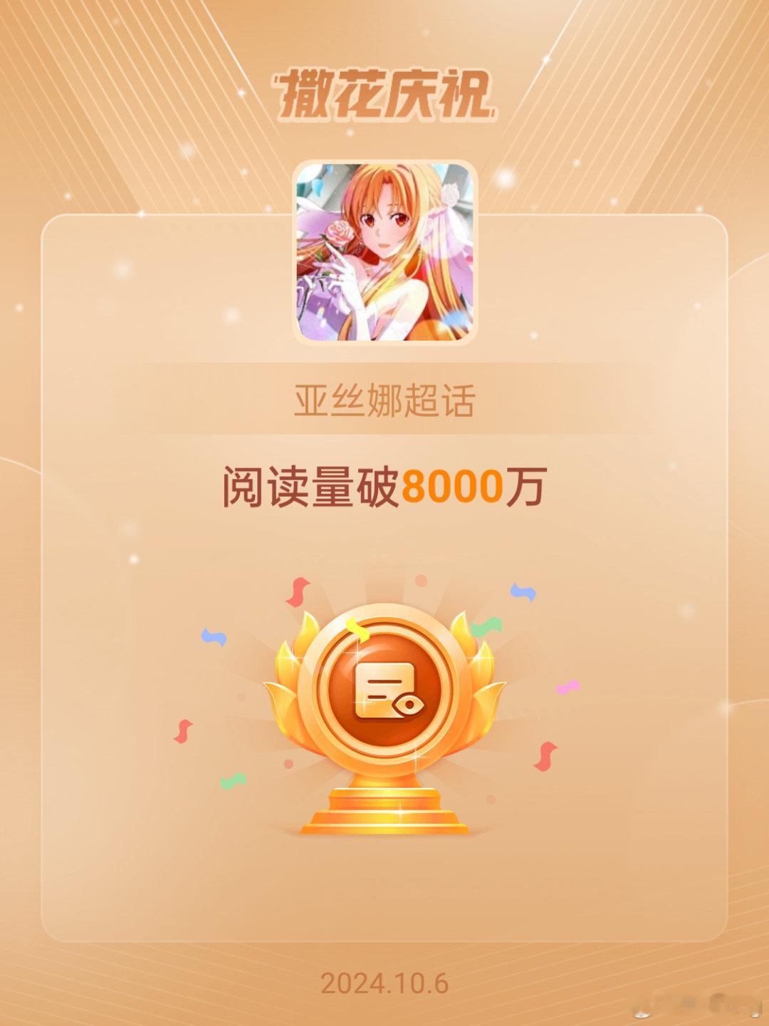 #亚丝娜[超话]##恭喜亚丝娜超话阅读量破8000万# ​​​